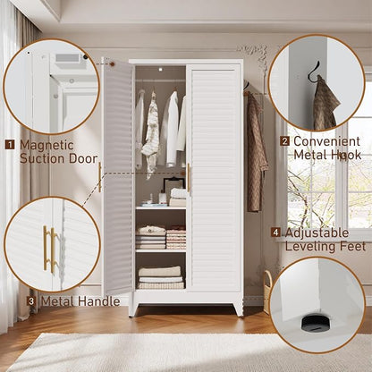 Metal Armoire Wardrobe Closet with 2 Doors, 71" Tall Clothes Cabinet with Adjustable Hanging Rod and 2 Shelves,White Steel Storage Locker Cabinets for Bedroom,Bathroom Employees,Gym,Garage