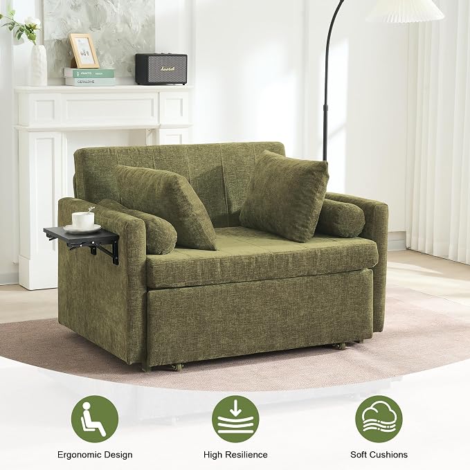45" Oversize 3-in-1 Sleeper Chair Pull Out Bed, 75" Long Single Sleeper Sofa Bed with Wing Table and Side Pocket for Living Room, Bedroom, Small Space, Green