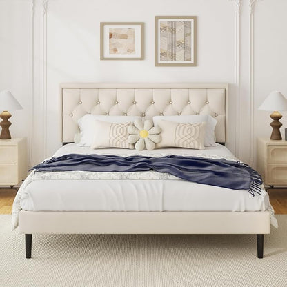 CXVX King Size Platform Bed Frame with Upholstered Velvet Button Tufted Headboard, Mattress Foundation with Wooden Slat Support, No Box Spring Needed, Easy Assembly, Noise Free, Beige