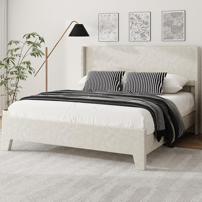 Queen Bed Frame with Faux Leather Upholstered Headboard, Wear-Resistant, Easy Clean, Mattress Foundation, No Box Spring Required, Easy Assembly, Beige