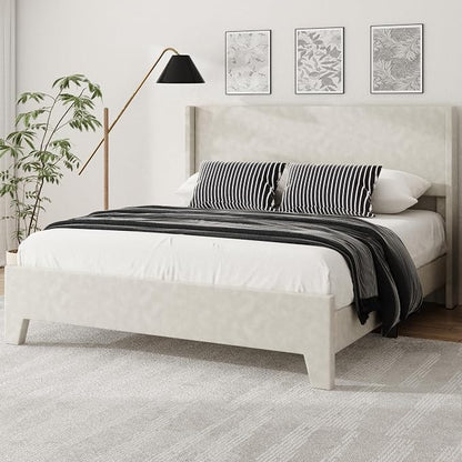 Queen Bed Frame with Faux Leather Upholstered Headboard, Wear-Resistant, Easy Clean, Mattress Foundation, No Box Spring Required, Easy Assembly, Beige