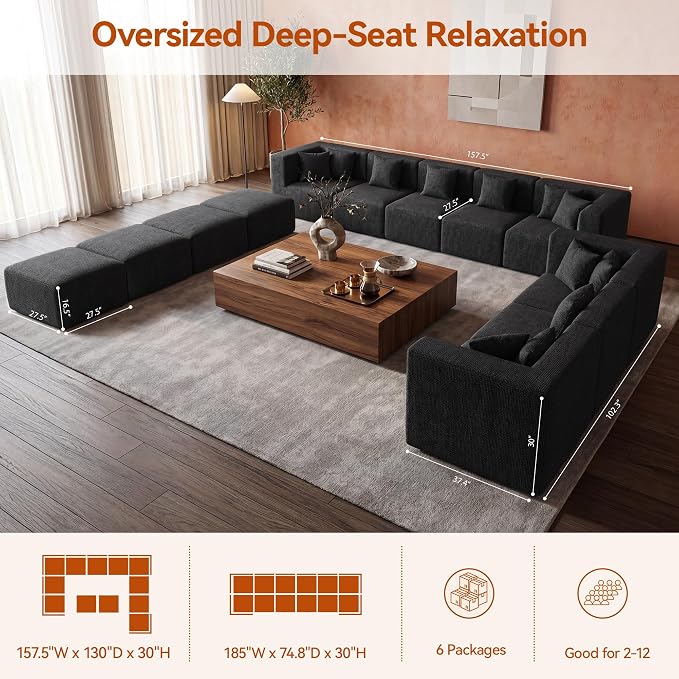 MONVANE Modular Sectional Sofa, Oversized 12 Seat Convertible U Shaped Couch with Ottoman, Comfy Chenille Cloud Couch with Deep Seat, Sectional Couches for Living Room, No Assembly Required, Black