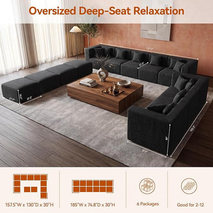 MONVANE Modular Sectional Sofa, Oversized 12 Seat Convertible U Shaped Couch with Ottoman, Comfy Chenille Cloud Couch with Deep Seat, Sectional Couches for Living Room, No Assembly Required, Black
