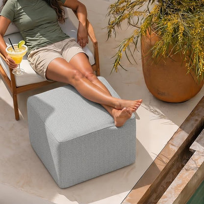 Living&Giving Square Outdoor Ottoman Pouf, 24 Inch Waterproof Patio Ottoman Foot Rest with Solid High-Density Foam, Comfy Boneless Footstool for Outside Couch & Seating, Light Gray