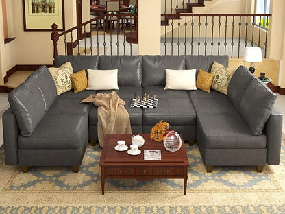 EASE MOOSE Modualr Sectional Couch U Shaped Sofa with Storage Ottomans, Gray Faux Leather Sectional Sofa Modular Couch