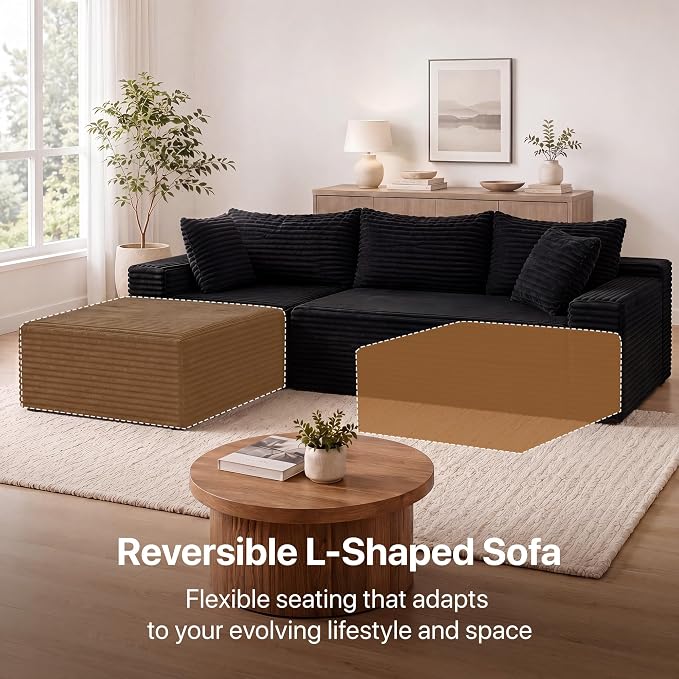 Claiks 94" Boneless Couch, Cloud Couch Sectional, L-Shape Corduroy Modular Sectional Sofa Deep Seat, Upholstered Couches for Living Room, No Assembly Required, Black
