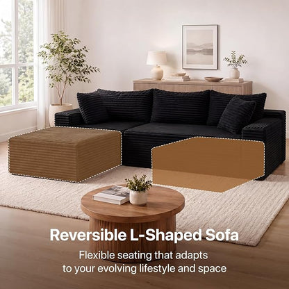 Claiks 94" Boneless Couch, Cloud Couch Sectional, L-Shape Corduroy Modular Sectional Sofa Deep Seat, Upholstered Couches for Living Room, No Assembly Required, Black