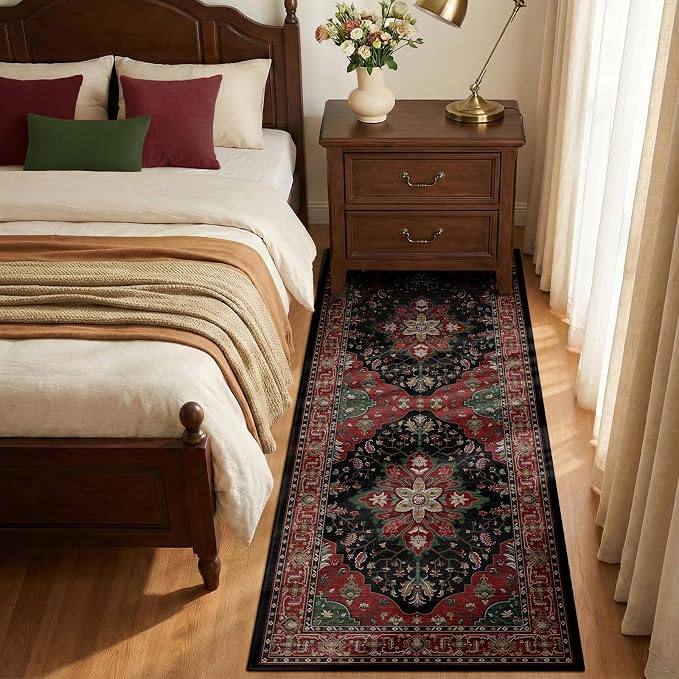 RELEANY Area Rugs Runner 2'x6' Washable Non-Slip, Floral Vintage Distress Medallion Carpet for Kitchen Hallway Bedroom Beside Laundry Room Bathroom, Red Black