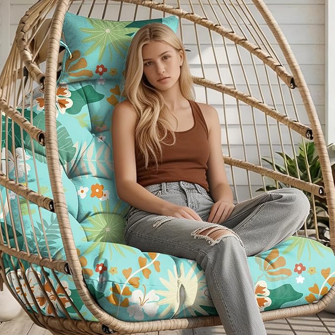 Outdoor Hanging Egg Chair Cushion Replacement, Extra Large Waterproof Egg Swing Cushions with Headrest Pillow and Ties, U-Shaped Thickened Cushion for Hanging Eggs Chair (Cyan Floral Leaf)