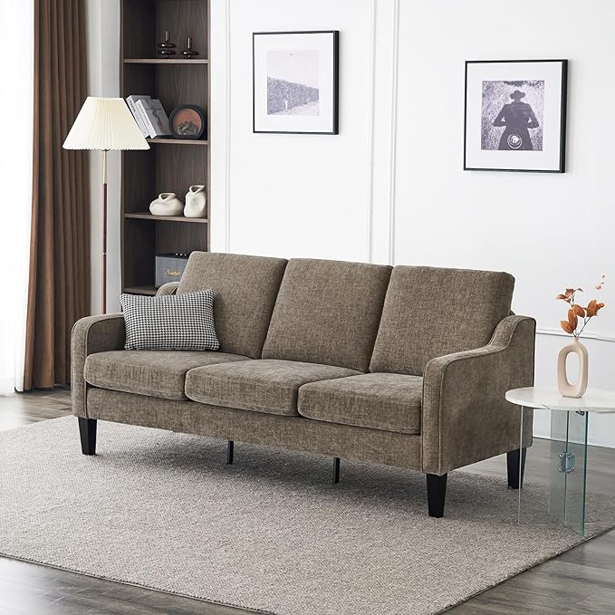 VINGLI Couches for Living Room, Brown 71" Small Sofa Mid Century Modern Couches 3 Seater Comfy Couch Upholstered Soft Chenille Floor Couch for Bedroom, Apartment, Office