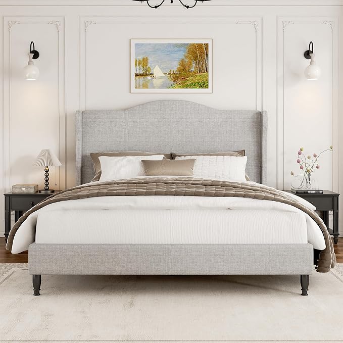 Queen Bed Frame with 50.4" Tall Wingback Headboard, Upholstered Platform Bed with Wood Slats, 1000 lbs Capacity, No Box Spring Needed, Easy Assembly, Beige