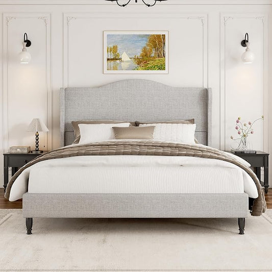 Queen Bed Frame with 50.4" Tall Wingback Headboard, Upholstered Platform Bed with Wood Slats, 1000 lbs Capacity, No Box Spring Needed, Easy Assembly, Beige