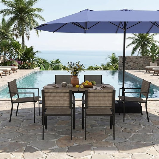 Aoxun 8-Piece Patio Table and Chairs Set & 15ft Patio Umbrella for 6, All Weather Outdoor Dining Set with 6 Textilene Chairs and 1 Rectangular Metal Table for Backyard, Garden, Brown/Blue