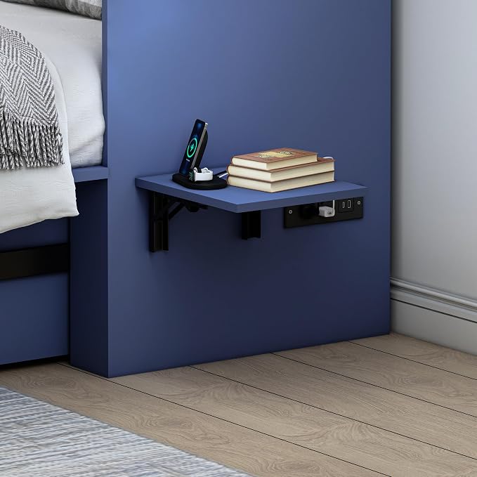 Queen Murphy Bed with Charging Station, Farmhouse Noisy-Free Foldable Cabinet Bed Frame with Storage Drawer, Space Saving Hideaway Wall Bed for Guest Bedroom, Living Room, Office, Blue