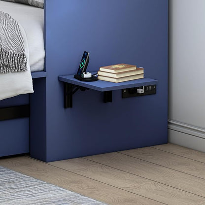 Queen Murphy Bed with Charging Station, Farmhouse Noisy-Free Foldable Cabinet Bed Frame with Storage Drawer, Space Saving Hideaway Wall Bed for Guest Bedroom, Living Room, Office, Blue