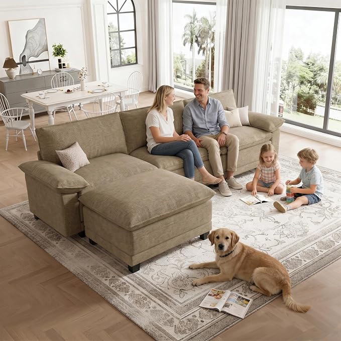 Modern L Shaped Sofa Couches for Living Room, Modular Sectional Cloud Couch with Movable Ottoman, Comfy Chenille Sofa for Apartment and Small Space, Light Yellow