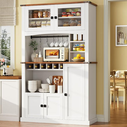 Einhomn 71" Tall Kitchen Pantry Cabinet with Charge Station, 3 Adjustable Shelves, Wine Rack and Glass Door, Kitchen Hutch for Dining Room, Kitchen and Living Room, White