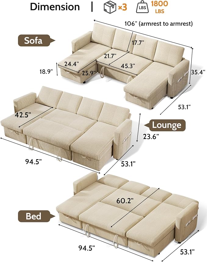 WEUP 106" U Shaped Sectional Sleeper Sofa Bed with Pull Out Bed, Sectional Sleeper Couch Pull Out Couch with Reclining Backrest/Reversible Storage Chaise/USB Ports/Tool-Free Assembly, Corduroy Beige