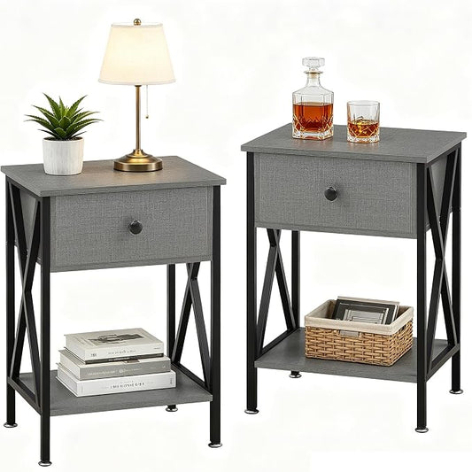 VECELO Nightstands Set of 2, Modern Bedside End Tables, Night Stands with Drawer and Storage Shelf for Living Room Bedroom, Industrial Metal Frame