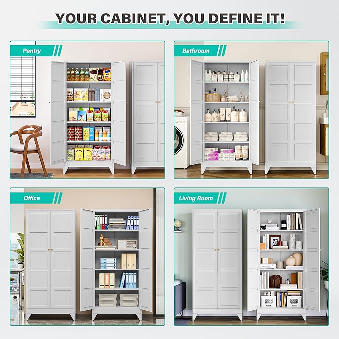 SISESOL Wide & Deep Pantry Storage Cabinet with 2 Doors and 5 Shelves,72 inch Tall Metal Storage Cabinet,Large Cupboard,White Cabinets for Home,Kitchen,Bathroom,Dining/Living Room