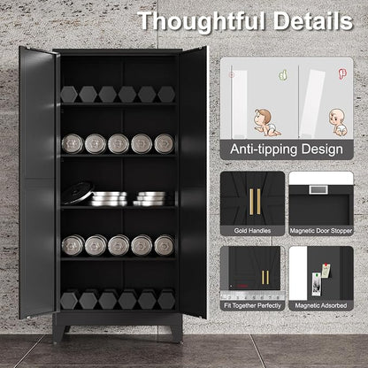 71"H Kitchen Pantry Storage Cabinet,Metal Black Food Pantry with 2 Door and 4 Adjustable Shelves,Laundry Room Freestanding Cabinet,Tall Hutch Cabinet,Large Farmhouse Cupboard for Dining Living Room