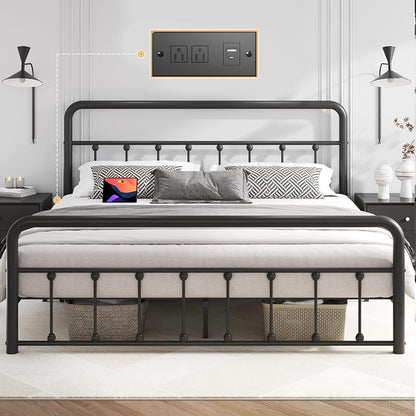 Fluest 14 Inch Queen Bed Frame Classic Metal Platform Bed Frame with Charging Station & LED, Victorian Style Iron-Art Headboard/Footboard, Under Bed Storage, No Box Spring Needed, Noise Free