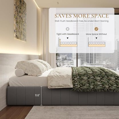 SHA CERLIN Queen Size Velvet Upholstered Platform Bed Frame with 4 Storage Drawers, Vertical Channel Tufted, Low Profile, Fits Standard Headboards, Wooden Slats Support, Easy Assembly, Grey
