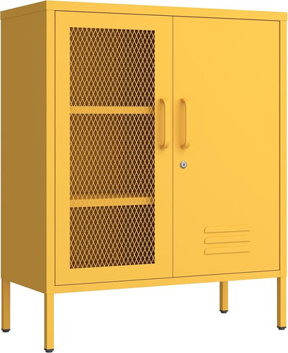 Locking Steel Storage Cabinet Shoe Cabinet for Living Room Bathroom Kitchen Left Wire Mesh Door Right Iron Door Yellow Size：33" H x 29.5" W x 13.8" D