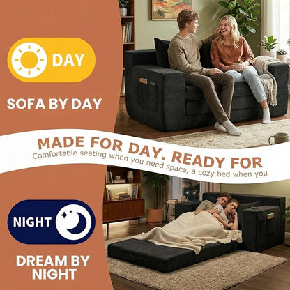 Boneless Loveseat Sofa Bed, Tri-Folding Convertible Futon Sleeper with Handle & Side Pockets, 54'' Boneless Couch with Hook and Loop No Assembly for Small Space,Living Room & Bedroom
