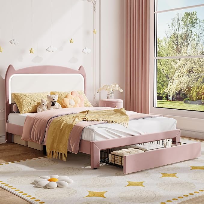 Garvee Full Upholstered LED Bed Frame with Storage Drawer & Cute Cat Headboard, Velvet Princess Platform Bed Frame with Sturdy Wood Slats Support for Girls/Kids, No Box Spring Needed, Pink