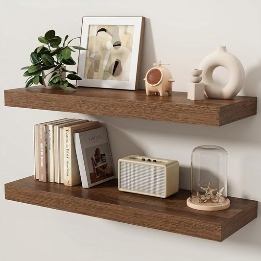 Floating Shelves for Wall, 32 Inch x 8 Inch Deep Wall Mounted Wood Shelf with Invisible Brackets for Storage & Display, Living Room Bedroom Kitchen, Walnut, Set of 2