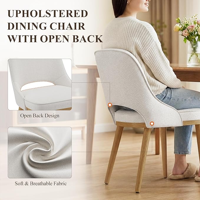 Modern Upholstered Dining Chairs Set of 2, Open Back with Solid Wood Legs, Ergonomic Curved Back Fabric Kitchen Chairs for Dining Room & Kitchen, Living Room Side Chairs, Farmhouse, Beige