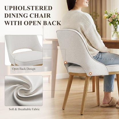 Modern Upholstered Dining Chairs Set of 2, Open Back with Solid Wood Legs, Ergonomic Curved Back Fabric Kitchen Chairs for Dining Room & Kitchen, Living Room Side Chairs, Farmhouse, Beige