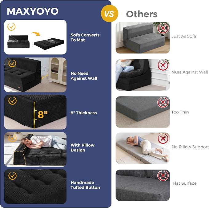 MAXYOYO 8" Folding Sofa Bed, Fold Out Chair Bed, Convertible Floor Sofa Couch, High-Density Foam Tufted Lounge Couch for Living Room Bedroom Dorm, Loveseat, Black