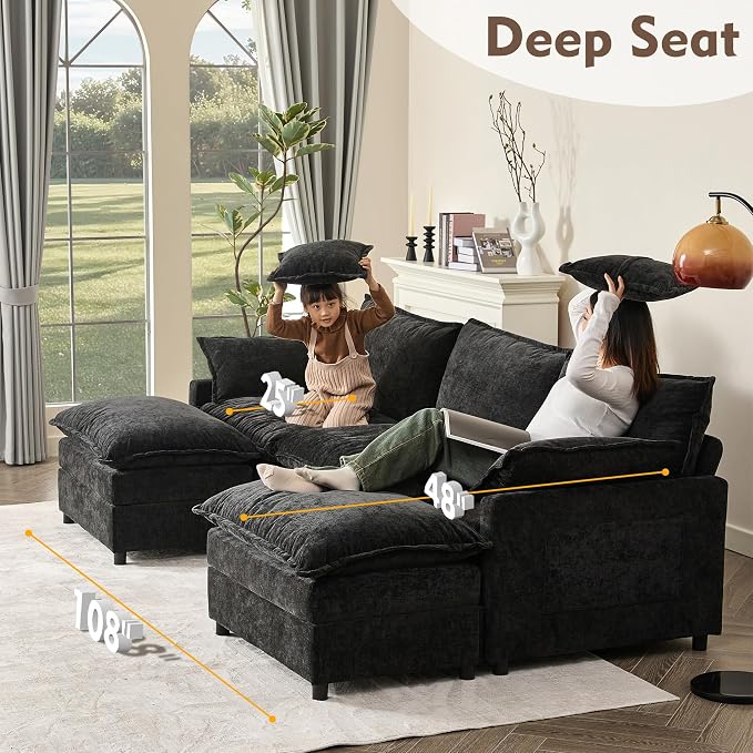 GOSUHI 108" U-Shaped Modular Cloud Couch, Deep Seat, Chenille Black | Cloud Comfort, Couches for Living Room, Removable & Machine-Washable Covers, Movable Ottoman, Modular Sectional Sofa