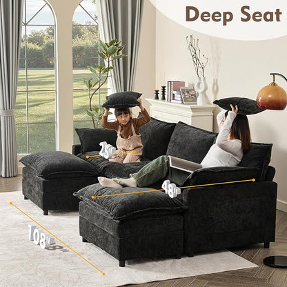 GOSUHI 108" U-Shaped Modular Cloud Couch, Deep Seat, Chenille Black | Cloud Comfort, Couches for Living Room, Removable & Machine-Washable Covers, Movable Ottoman, Modular Sectional Sofa