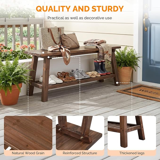VINGLI Rustic Storage Bench, Solid Wood Seat with Storage Shelf, Indoor Outdoor Shoe Rack, 450lbs Capacity Small Outdoor Bench for Mudroom Entryway Patio Porch (Brown, 43in)