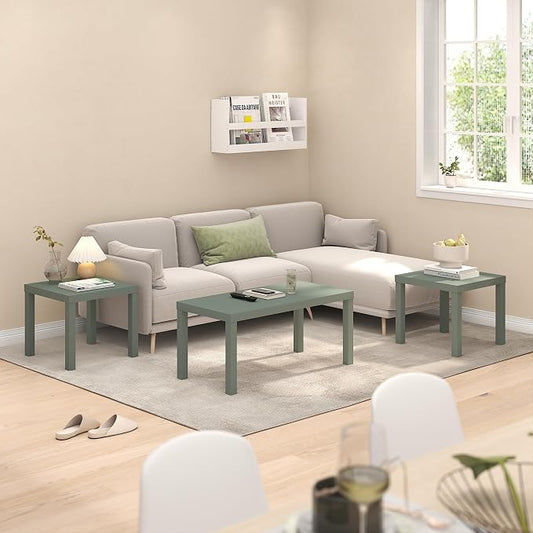 Furinno Classic Living Room Table Set of 3, Modern Rectangle Coffee Table with 2 Square Side Tables, End Tables, 1.8 Inch Thick Tabletop for Living Room, Home Office, Sage Green