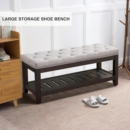 adochr Linen Large Rectangular Ottoman with Storage, Upholstered Entryway Bench for Living Room, Oversized Button Tufted Ottoman with Wood Shelf Storage, Light Grey