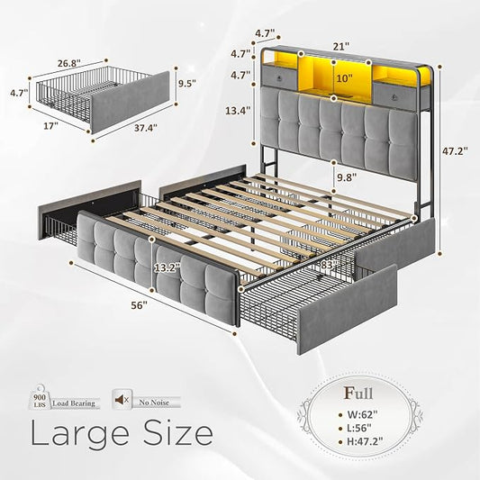 EnHomee Full Size Bed Frame with Velvet Upholstered Headboard and 6 Storage Drawers,Modern Bed Frame Full with LED Lights and Charging Station,No Box Spring Needed,Noise-Free, Easy Assembly,Grey
