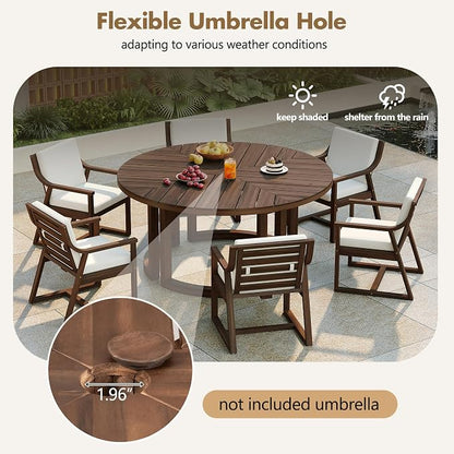 Quarte 7-Piece Patio Dining Table Set, Round Dining Table with 1.96" Umbrella Hole, Outdoor Wooden Patio Furniture Set for Garden, Backyard and Pools (Mocha-7)