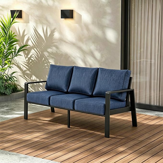 Outdoor Couch 3-Seat All-Weather Metal Outdoor Sofa, Oversized Patio Couch, Aluminum Patio Sofa with 5" Cushions (Black/Blue)
