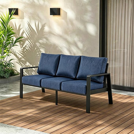 Outdoor Couch 3-Seat All-Weather Metal Outdoor Sofa, Oversized Patio Couch, Aluminum Patio Sofa with 5" Cushions (Black/Blue)