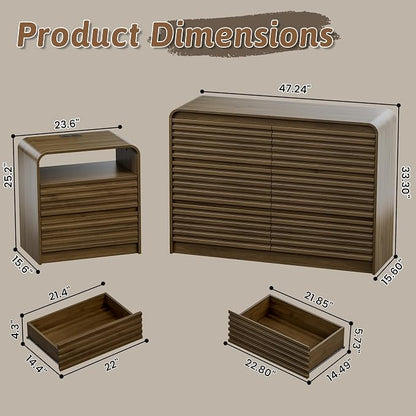 Dresser and Nightstand Sets for Bedroom, 3 Pcs Bedroom Set, Fluted 6 Drawer Dresser with Curved Profile and Night Stand Set of 2 with Charging Station, Wood Chest of Drawers, Walnut