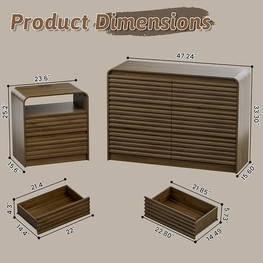 Dresser and Nightstand Sets for Bedroom, 3 Pcs Bedroom Set, Fluted 6 Drawer Dresser with Curved Profile and Night Stand Set of 2 with Charging Station, Wood Chest of Drawers, Walnut