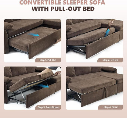 VINGLI Sectional Sleeper Sofa with Pull Out Couch Bed, 85 Inch L-Shaped Convertible Sofa Bed, 5 Seat Modular Sectional Couches for Living Room with Storage Chaise, USB Charging, Side Pockets