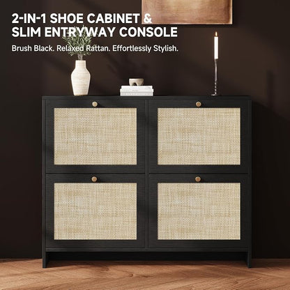 Nicetree Shoe Cabinet Storage for Entryway, 4-Flip Drawer Narrow Shoe Rack with Adjustable Shelves, Boho Modern Square Rattan Shoe Organizer, Slim Wood Storage Cabinets for Small Spaces Fits Size 13.5