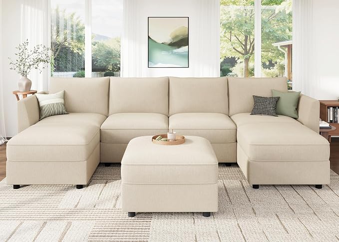 HONBAY Modular Sofa U Shaped Sectional Couch with Storage, Convertible Modular Sofa 7 Seats Sectional for Living Room - Beige