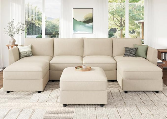 HONBAY Modular Sofa U Shaped Sectional Couch with Storage, Convertible Modular Sofa 7 Seats Sectional for Living Room - Beige