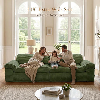Vesgantti 118" Boneless Couches for Living Room, Modular Sectional Couch in Corduory | Memory Foam | No Assembly Required, Deep Seat Cloud Sofa for Apartment, Office (Dark Green)